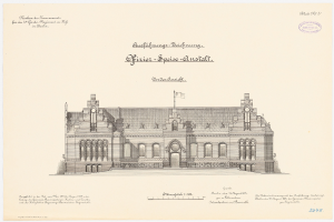 Eine Zeichnung des Reichstagsgebäudes, des Hauptsaals des Deutschen Parlaments in Berlin, gekrönt von einer Flagge, begleitet von Text.