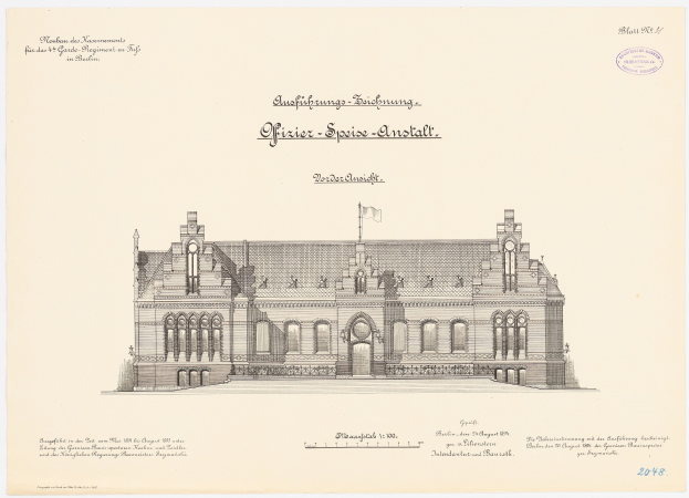 Eine Zeichnung des Reichstagsgebäudes, des Hauptsaals des Deutschen Parlaments in Berlin, gekrönt von einer Flagge, begleitet von Text.