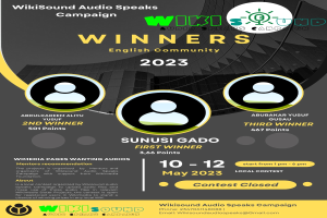 Ein buntes Plakat mit einem blauen Hintergrund und gelben und weißen Buchstaben, die in Fettschrift 'Gewinner' lesen, mit mehreren lachenden Menschen in der Mitte.