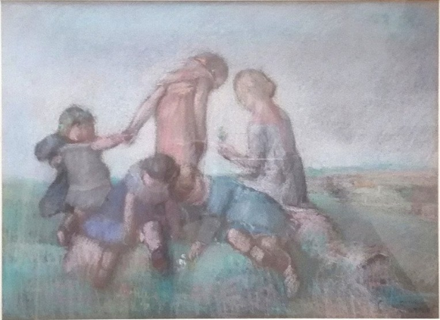 Malerei von Kindern, die auf einem Feld spielen und Bälle und Schaufeln halten, mit einem Wasserzeichen auf der rechten Seite.