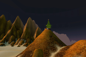 Eine animierte Szene mit Bergen, verstreuten Steinen, einem Weihnachtsbaum, verschiedenen Gegenständen und einem Himmel.