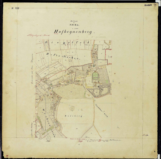 Schwarz-weiß-Karte von Hofhegenberg, Deutschland, mit schwarzem Rand, die Straßen, Gebäude und Sehenswürdigkeiten zeigt.