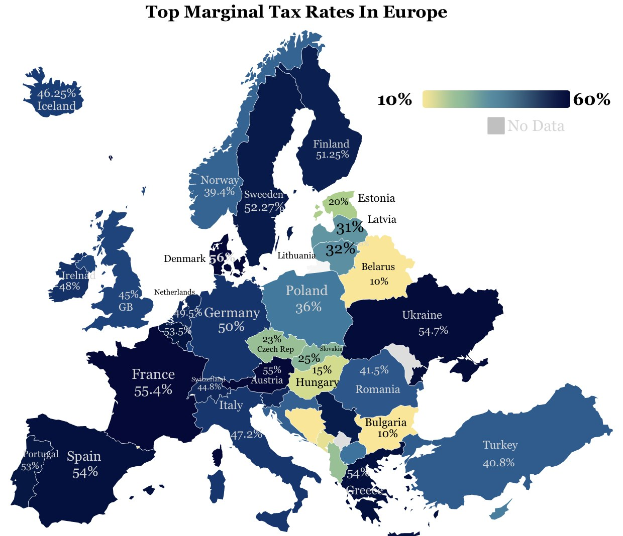 Eine Europakarte mit Farben, die die Spitzensätze der Einkommensteuer pro Land anzeigen, und dem Titel "Spitzensätze der Einkommensteuer in Europa" oben.