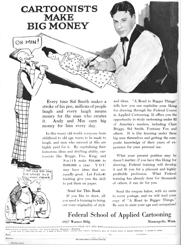 Anzeige für die Bundesakademie für Angewandte Karikatur mit einem Mann im Smoking, der zwischen einer Frau im Kleid und einem anderen Mann steht, mit der Aufschrift "Karikaturisten verdienen viel Geld."