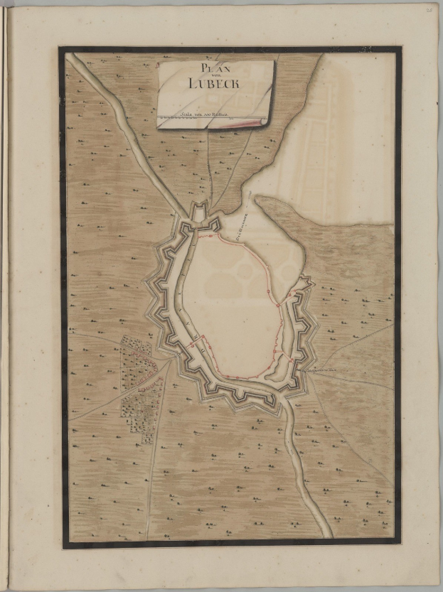 Eine detaillierte Karte der Stadt Lübeck auf dem Cover eines alten Buches, das Straßen, Gebäude und Sehenswürdigkeiten mit begleitendem Text zur Geschichte und Kultur der Stadt zeigt.