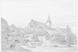 Eine Schwarz-Weiß-Zeichnung einer StraßenSzene in Heidelberg, Deutschland, mit der Kirche der Heiligen Dreifaltigkeit im Hintergrund, umgeben von Gebäuden, Menschen, Tieren, Bäumen und einem Himmel.