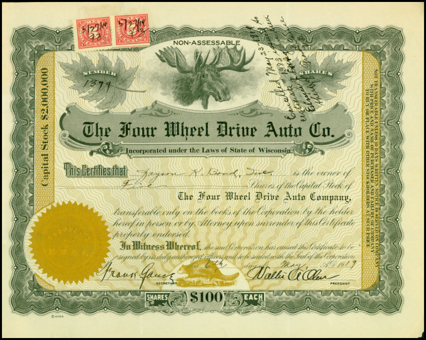 Rahmenerlagene Aktienurkunde für Four Wheel Drive Auto Co. mit goldenem Siegel, Text, numerischen Werten und mehrfarbigen Stempeln.