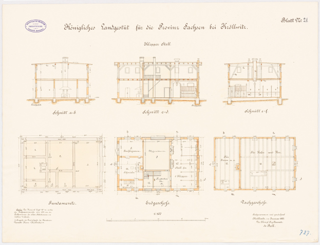 Schwarz-weißes Architekturzeichnung eines mehrgeschossigen Hausplans mit detaillierten Raumaufteilungen und Anmerkungen, wahrscheinlich für ein Stuttgarter Wohnhaus.
