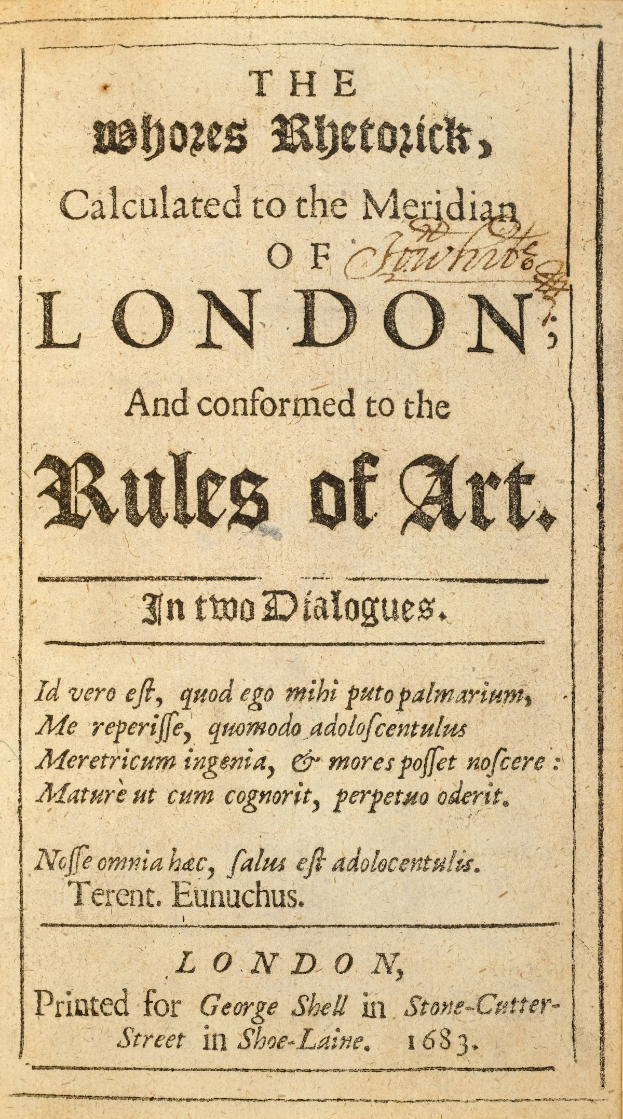 Ein altes, abgenutztes Buch mit dem Titel "Die Hurenrhetorik, berechnet zum Meridian von London und conform zu den Regeln der Kunst in zwei Dialogen" in fetter Schrift, umgeben von einem dekorativen Rahmen.