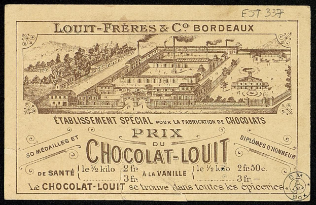 Werbung für eine Schokoladenfabrik mit einem Gebäude und beschreibendem Text auf altem Papier.