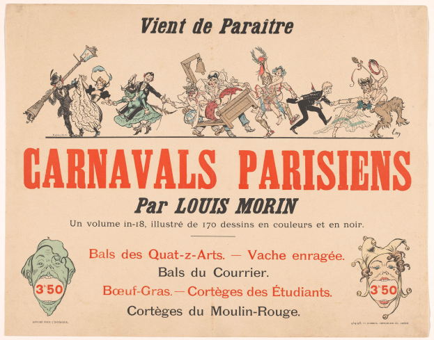 Ein Heft mit dem Titel 'Carnivals Parisiens par Louis Morin' mit farbenfrohen Illustrationen von Menschen in bunten Kostümen und Masken in einer lebendigen Karnevals Szenerie, mit fetter Schrift, die den Titel betont.