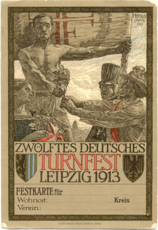 Plakat für das Zwölfte Deutsche Turnfest Leipzig 1913 mit einer zentralen Personengruppe und Text mit Veranstaltungshinweisen.