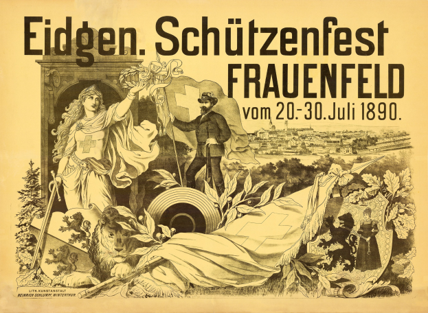 Plakat für das Eidgenössische Schützenfest in Frauenfeld, Deutschland, das einen Mann in einem Anzug und eine Frau in einem Kleid mit Event-Text zeigt.