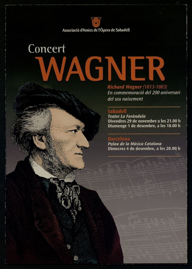 Ein Konzertplakat mit einem zentralen Porträt von Richard Wagner in einem schwarzen Anzug mit zurückgekämmtem Haar, vor einem hellblauen Hintergrund mit fetter schwarzer Schrift.