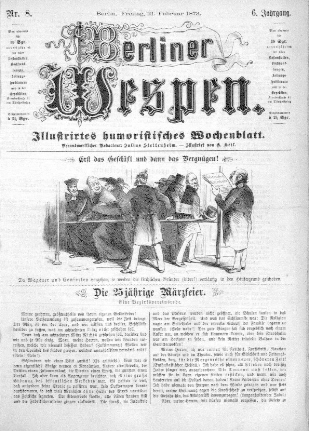 Alte deutsche Zeitung "Berliner Wespen" vom 21. Februar 1873, die eine Gruppe von Menschen in traditioneller deutscher Kleidung zeigt, die sich unterhalten, mit deutscher Schrift, die das Ereignis wahrscheinlich beschreibt.