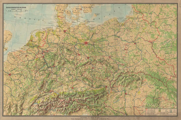Ausführliche alte Deutschland-Karte, die Straßen, Autobahnen und geografische Merkmale mit Text oben und unten zeigt.