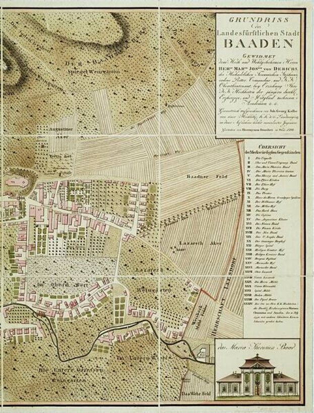 Ein detaillierter alter Stadtplan von Baden-Württemberg, Deutschland, der Straßen, Gebäude und Sehenswürdigkeiten zeigt, mit Text, der zusätzliche Stadtinformationen und ein Gebäude in der rechten unteren Ecke bereitstellt.