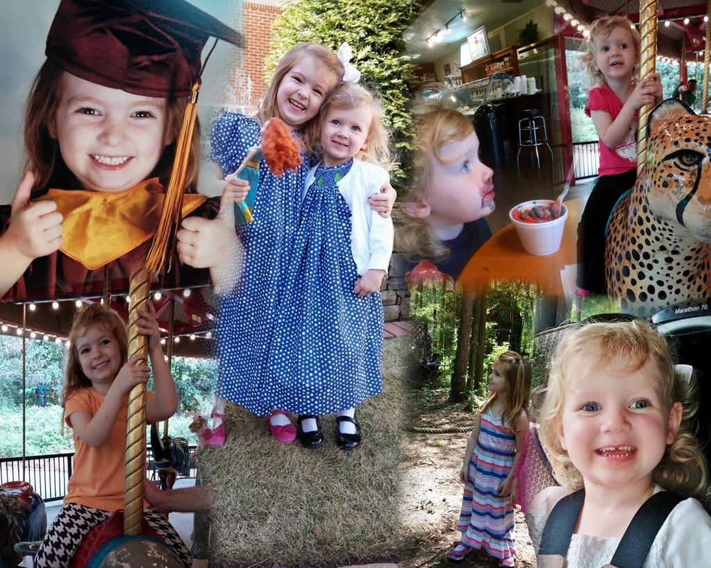 Ein Collage mit Vergnügungsparkfahrten, einem Tisch mit Lebensmitteln einschließlich einer Tasse und einem Löffel, verschiedenen Gegenständen, Lichtern, einer Wand, Büschen, Bäumen, Gras, einem Seil und einem Hut.