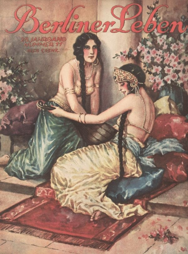 Plakat mit zwei Frauen auf einem Bett mit Kissen und Pflanzen aus der Oktoberausgabe 1931 von Berliner Leben Magazine.