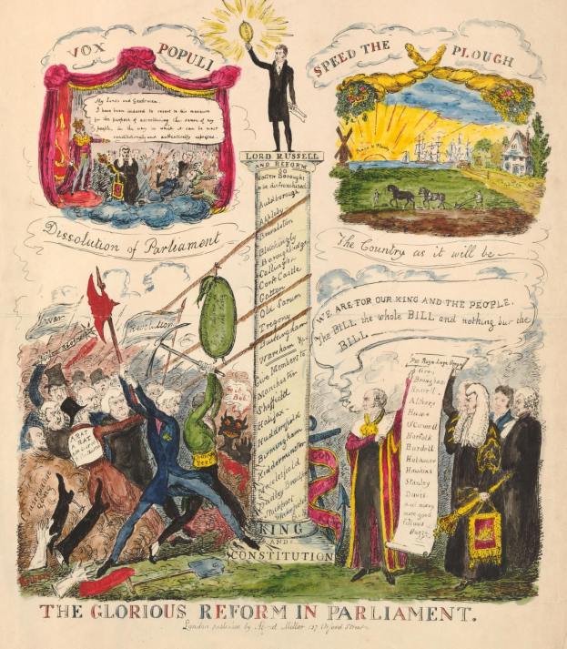 Ein bunt bedrucktes Dokument mit der Überschrift "Die glorreichen Reformen im Parlament", das fette Schrift, verschiedene lächelnde Menschen und detaillierte Illustrationen zeigt, symbolisiert Fortschritt und Hoffnung.