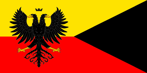 Die Flagge Deutschlands mit einem schwarzen Doppeladler in der Mitte, dessen Flügel gespreizt und Kopf erhoben ist.