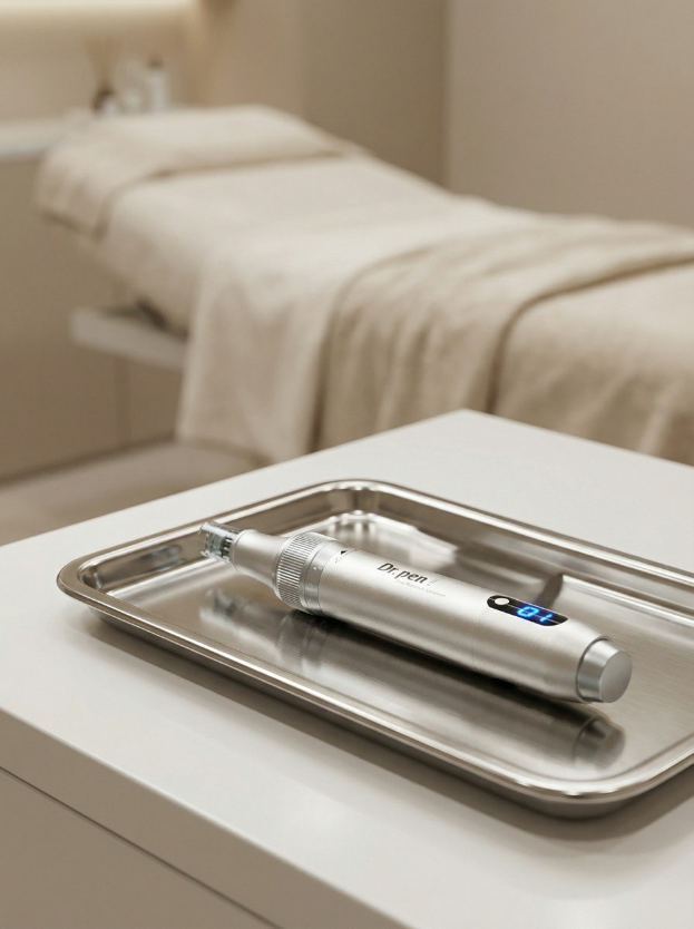 Ein Microneedling-Gerät auf einem sterilen Tablett in einem modernen Kosmetikstudio.