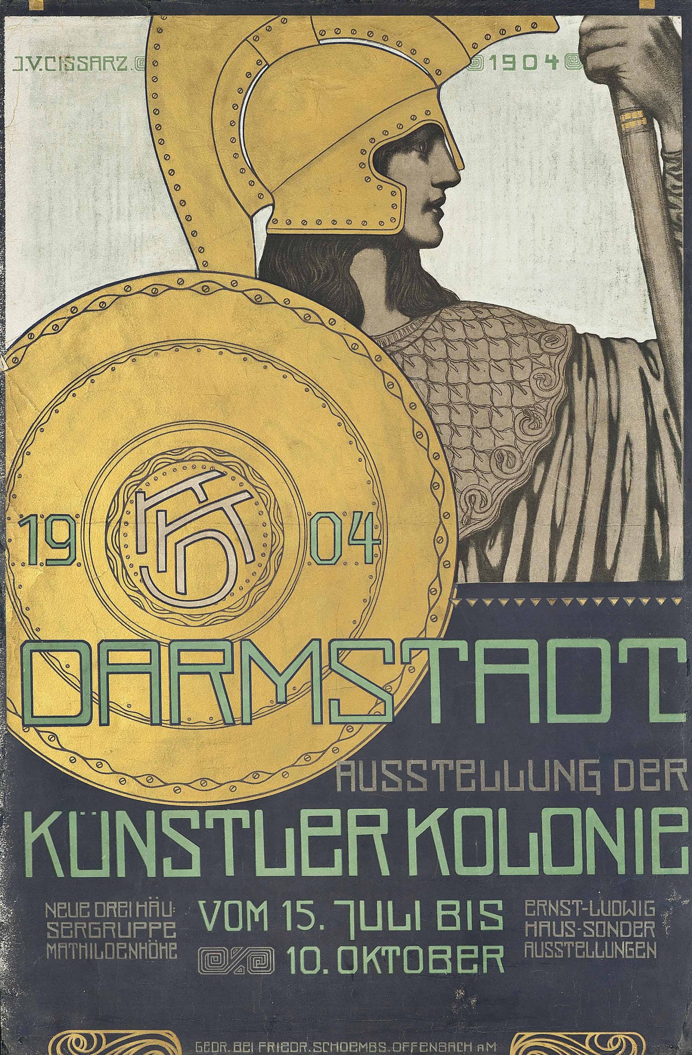Plakat für ein 1904er Berlin-Konzert mit einem Helmbewaffneten, der ein Schild hält, mit fetter Schrift «Darmstadt» und «Kuenstler Kolonie»