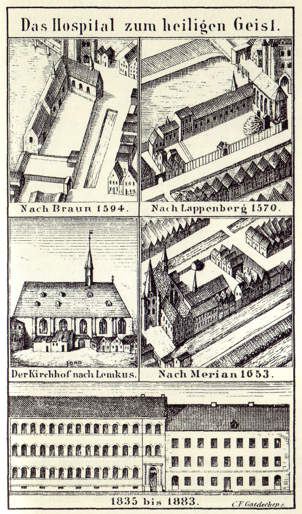 Eine detaillierte Abbildung eines deutschen Krankenhausgebäudes auf einem Plakat, das Fenster, Türen und Balkone zeigt und von Text begleitet wird, der die Größe, den Standort und die Merkmale des Krankenhauses beschreibt.