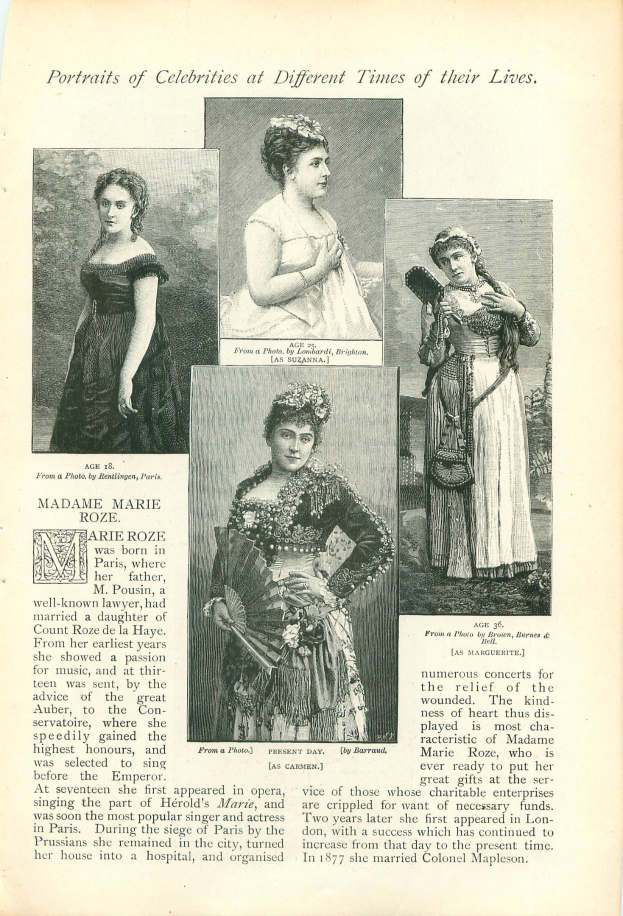 Altes Buch mit dem Titel "Porträts von Prominenten zu verschiedenen Zeiten ihres Lebens" mit Illustrationen von Frauen in langen, hochgeschlossenen Kleidern mit Haaren im Dutt.