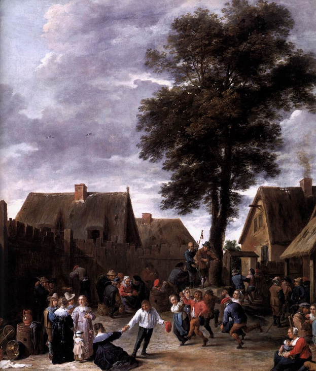 Gemälde mit dem Titel 'Der Tanz im Dorf' von Jan Brueghel dem Jüngeren, das eine Dorfplatzszene mit tanzenden Menschen, umgeben von Häusern, Bäumen, einem hölzernen Zaun, einer bewölkten Himmel und fliegenden Vögeln zeigt.
