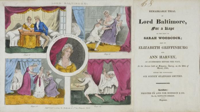 Eine historische Illustration, die einen Prozess zeigt, an dem Lord Baltimore beteiligt war, mit einem Dokument, das Porträts, Vorhänge und Text zeigt.