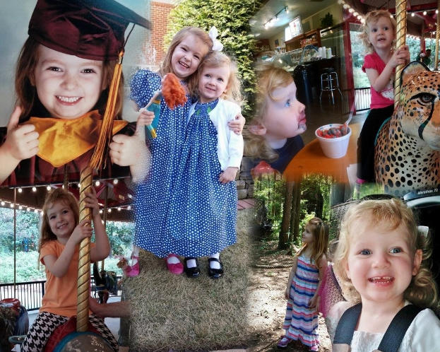 Collage mit lustigen Fahrgeschäften, Kindern an einem Tisch mit Essen und Besteck, Außenbereichen wie Lichtern, Bäumen und Gras sowie verschiedenen Gegenständen wie einem Seil und Hut.