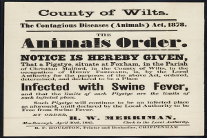 Ein Plakat mit Text, der eine Bekanntmachung nach dem Tierseuchengesetz von 1878 ankündigt, betreffend Schweinepest in Wiltshire.