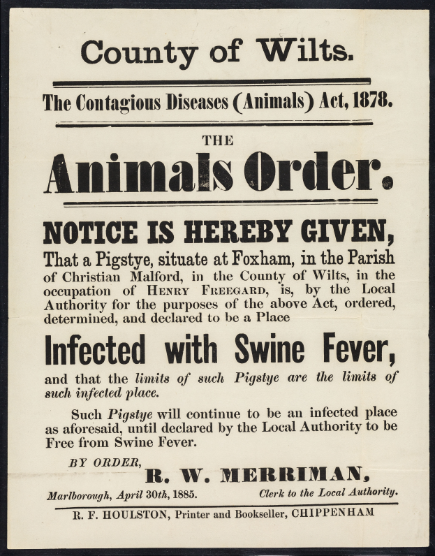 Ein Plakat mit Text, der eine Bekanntmachung nach dem Tierseuchengesetz von 1878 ankündigt, betreffend Schweinepest in Wiltshire.