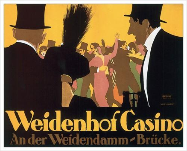 Ein Plakat bewirbt das Weidenhof Casino in Brücke, Deutschland, mit einer farbenfrohen Illustration von tanzenden und feiernden Menschen und der Aufschrift "Weidenhof" in fetter Schrift oben, eingerahmt von einem schwarzen Rand.