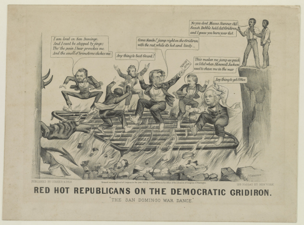 Ein Blatt Papier mit einer Zeichnung von verzweifelten roten Figuren, die als "Republikaner" bezeichnet werden, auf einem Gitter, das als "Demokratische Gridiron" bezeichnet wird, mit fetter schwarzer Schrift, die die Dringlichkeit der Situation betont.