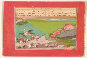 Ein Miniaturbild eines Mannes auf einem Pferd in einer Landschaft, umgeben von Menschen, Tieren und verschiedenen Elementen der Natur, in einem Rahmen mit Text.