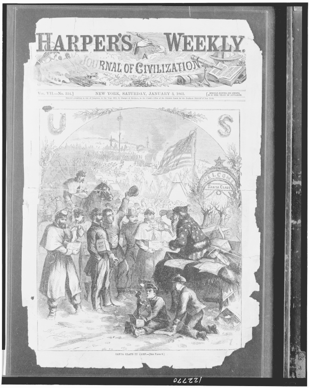 Schwarz-weißes Bild von Menschen, die um eine Zeitung mit der überschrift "Harper's Weekly Journal of Civilization" versammelt sind.