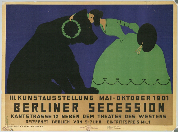 Plakat für die Berliner Secession mit einer Frau in grünem Kleid und einem Mann in schwarzem Anzug, mit Text, der das Ereignis beschreibt.