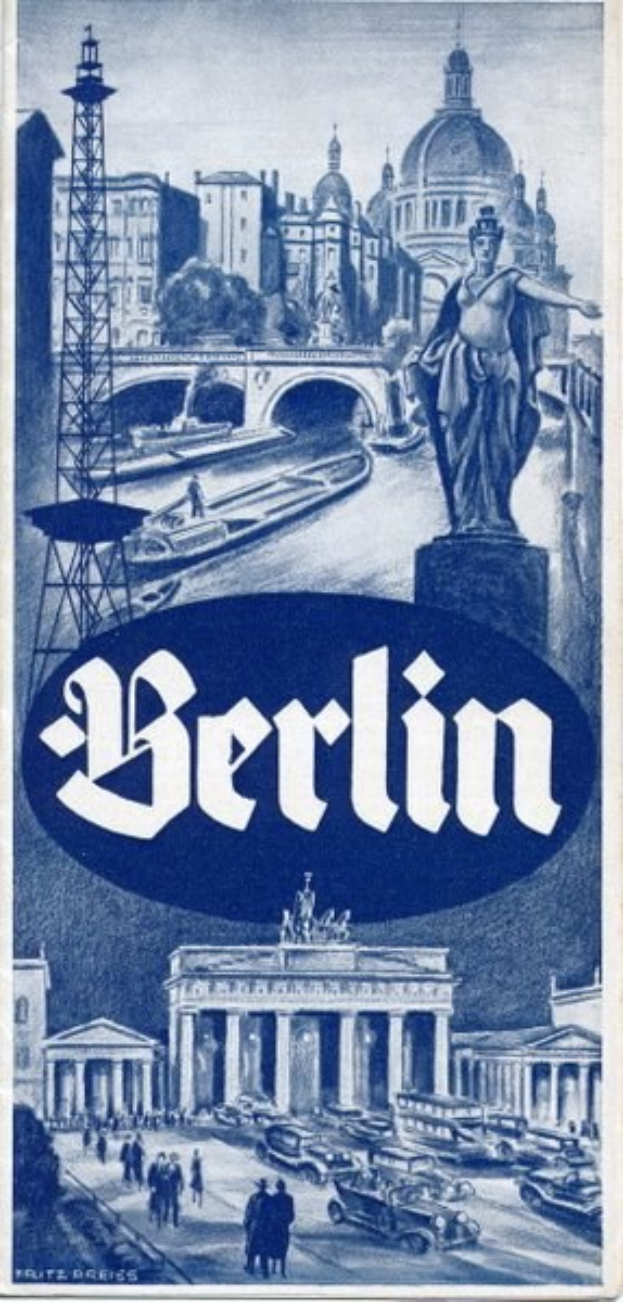 Plakatwerbung Berlin, Deutschland, mit einer Statue, modernen und historischen Gebäuden, einem Turm, Menschen, Fahrzeugen auf einer Straße und einer Brücke, mit Text, der Stadtinformationen bereitstellt.