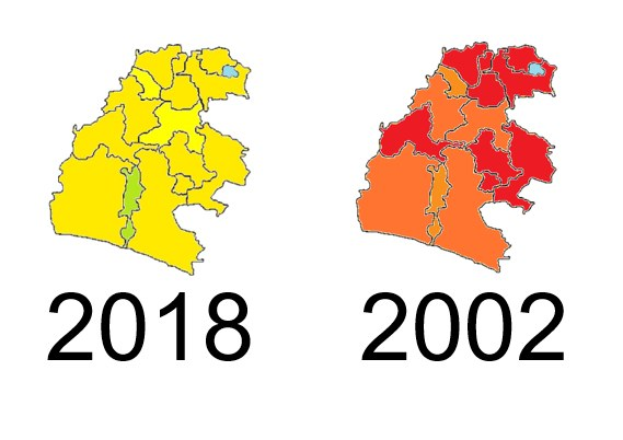 Eine weiße Deutschlandkarte, die die Landesgrenzen von 2002 und 2018 in Gelb, Rot und Orange hervorhebt, mit zusätzlichem Text.
