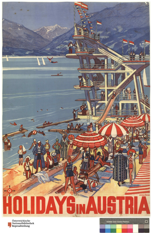 Plakat, das Urlaube in Österreich bewirbt, zeigt Menschen am Strand mit Schirmen, ein Schiff im Hintergrund, Fahnen und ferne Berge.