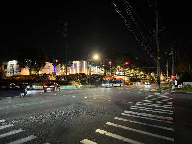 Eine nächtliche Stadtstraße mit fahrenden Autos, einem Bus, Straßenlaternen, Ampeln, Strommasten mit Kabeln, Bäumen, Pflanzen, Gras und Gebäuden im Hintergrund unter einem dunklen Himmel.