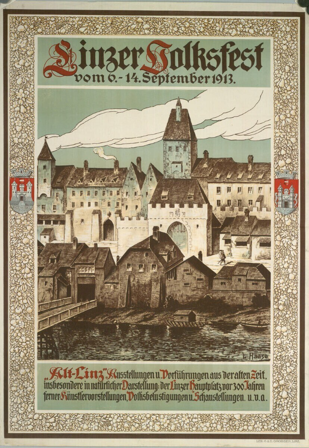 Alter Plakatentwurf für ein Festival in Deutschland, der eine Burg umgeben von Häusern zeigt, mit Text zu den Festivaldetails.