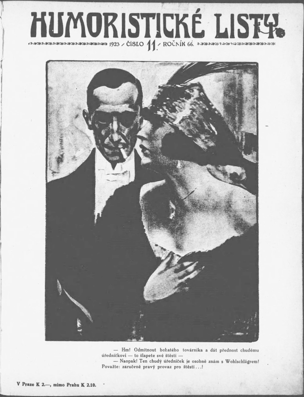 Schwarz-weißes Magazin-Cover mit der Überschrift 'Humoristische Liste', das einen Mann im Anzug mit ernster Miene und eine Frau zeigt, die leicht schmunzelnd wegsieht.