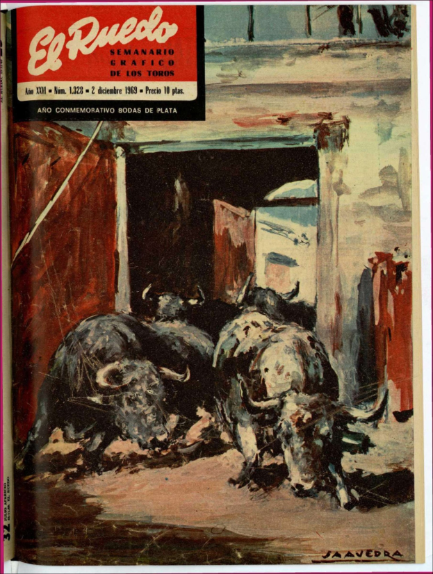 Buchumschlag mit einem Gemälde eines Bullen in einem Stall, mit ein paar Tieren im Vordergrund, einer Wand und einer Tür im Hintergrund und Text oben.