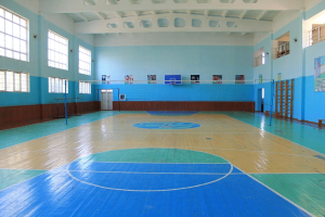 Großer Turnsaal mit blau-weißem Boden, Basketballfeld, Netz mit Stangen, Tür, Fenstern, Wandplakaten, Geländer und Dach.