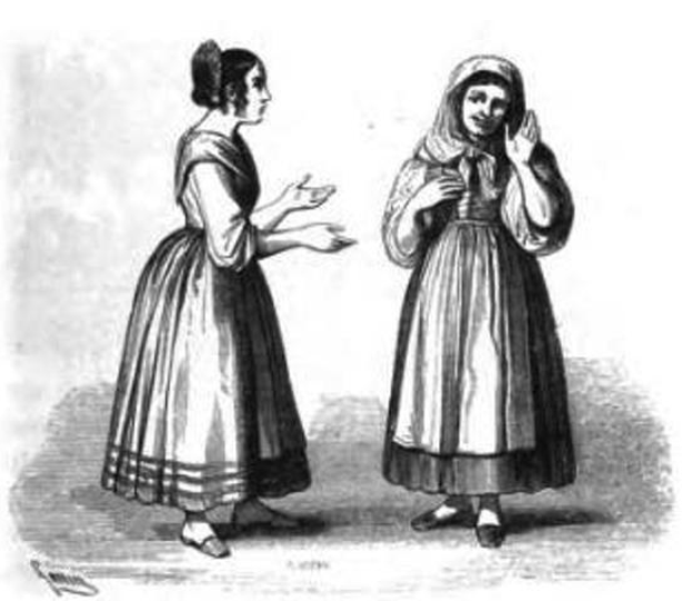 Zwei Frauen in 19. Jahrhundert-Kleidern nebeneinanderstehend, die sich unterhalten, mit Text unten "Frauen des 19. Jahrhunderts."