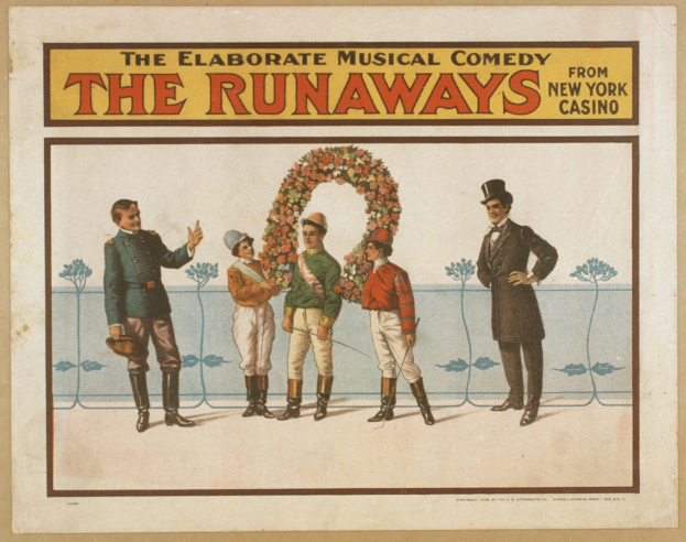 Plakat für "The Elaborate Musical Comedy Runaways" im New York Casino, das eine Reihe von Menschen mit einer zentralen Figur zeigt, die einen Blumenstrauß hält und Text, der die Show beschreibt.