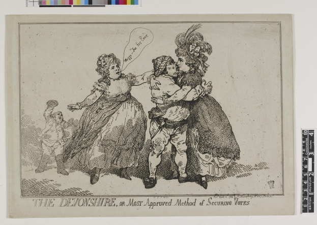 Papier mit einer handgezeichneten Skizze von drei Menschen (zwei Frauen, ein Mann), betitelt "The Devonshire, or Most Approved Method of Securing Votes", mit Farbauswahloptionen oben.